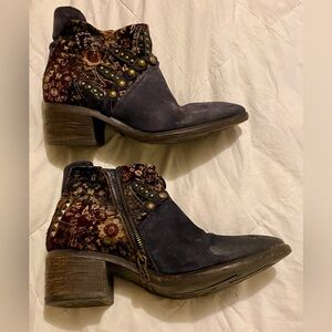 A.S.98 Women's Dark Suede Ankle Boots with Floral Accents